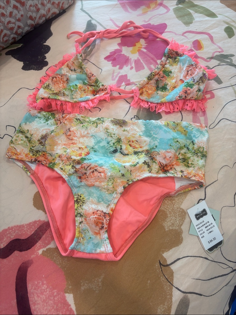 Nicolita Coral Trim Floral High-Waist Bikini in Aqua & Coral